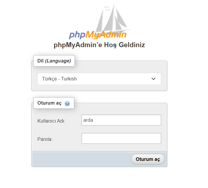 phpMyAdmin Ekranı